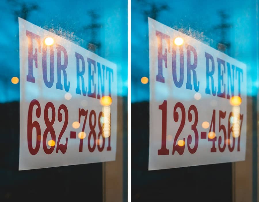 A real estate photo with an old 'For Sale' sign being removed by AI.