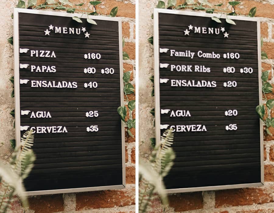 A restaurant menu with a seasonal dish name and price being updated.