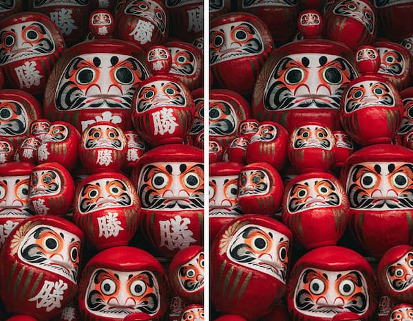 An image of a Daruma doll with a Chinese character on its belly, compared to an edited version where the character has been cleanly removed.