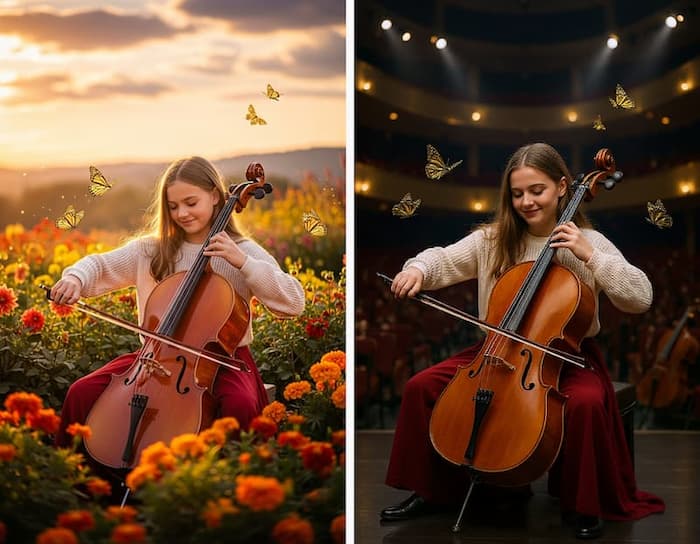 A girl playing cello, with the background changed from a flower field to a classical concert stage.