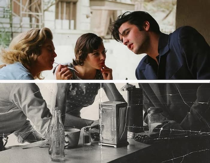 An old, faded black and white photo of people in a diner, colorized and restored to its original vibrancy.