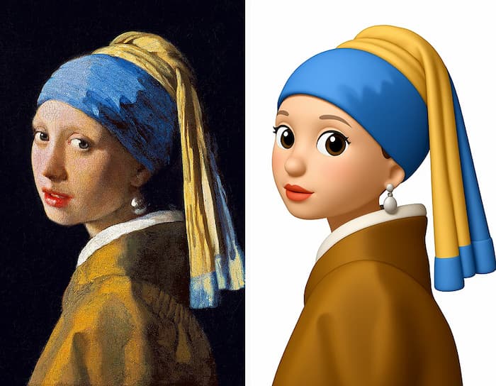 The classic 'Girl with a Pearl Earring' painting reimagined in a glossy, 3D style similar to modern iOS emojis.