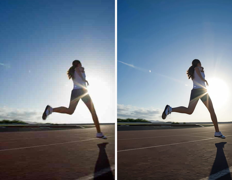 Enhanced photo of a woman running on a track against a bright sun, showcasing sharp details.