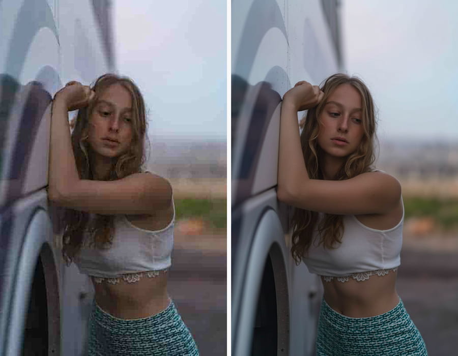 Highly detailed portrait of a young woman leaning against a van, with enhanced clarity in her hair and skin.