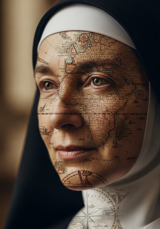 Изображение, сгенерированное ИИ: лицо монахини с наложением старинной карты.