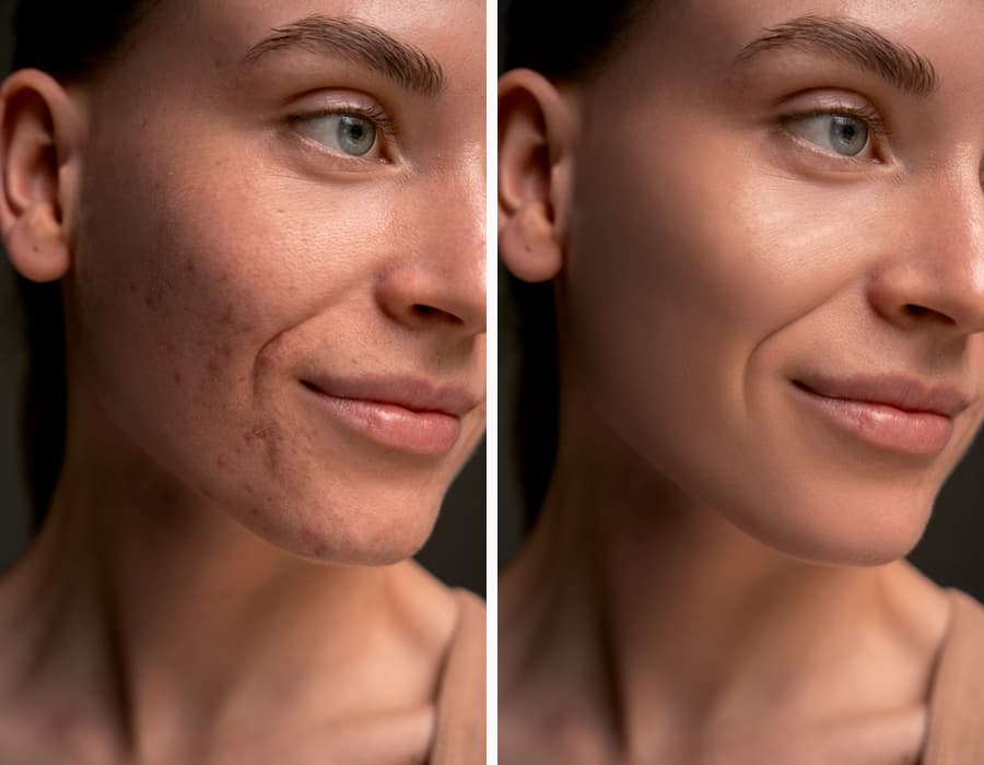 A portrait of a woman with acne, with the after-image showing clear skin thanks to the AI blemish remover.