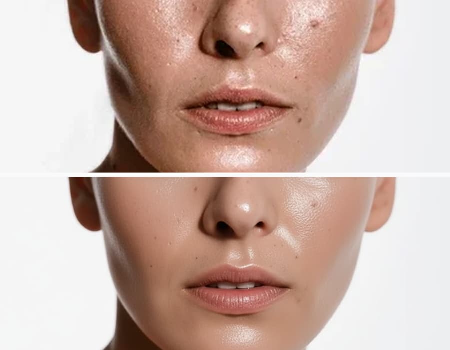 A portrait with oily skin, retouched by the AI to have a clean, matte finish.