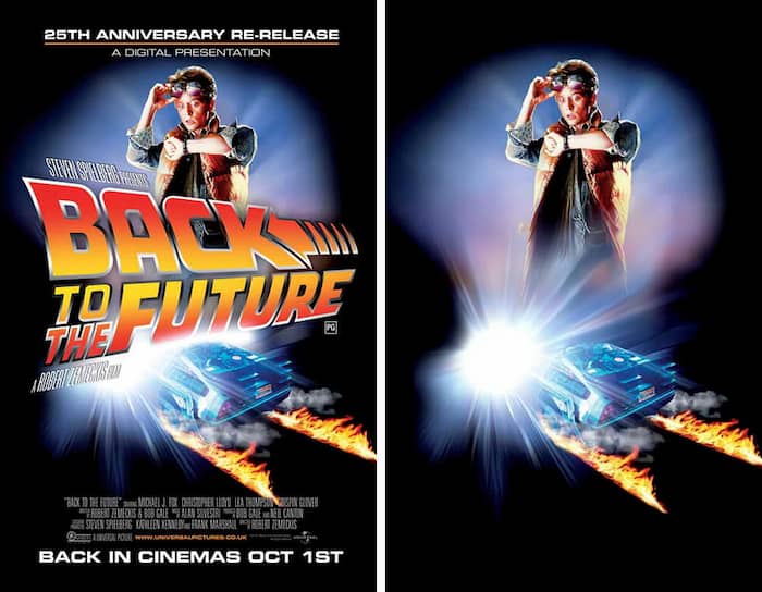 Back to the Future movie poster with all text removed by AI.