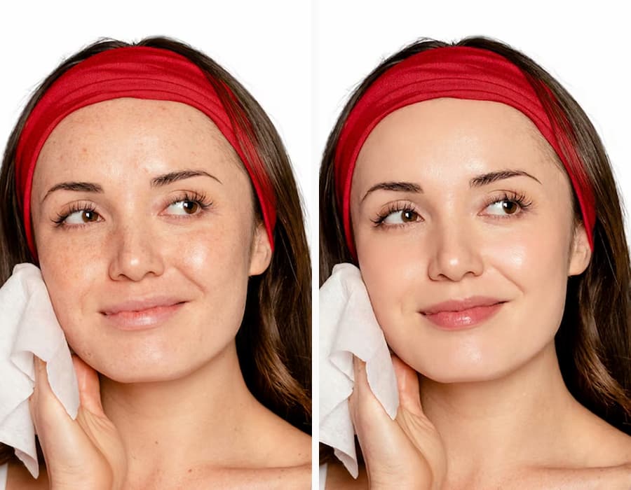 Woman's face showing before and after AI blemish removal.