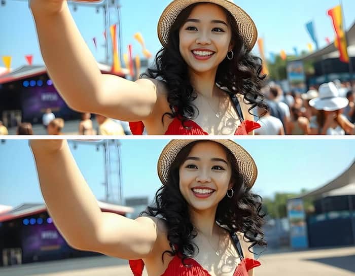 Woman's selfie at a festival with the background crowd removed by AI.