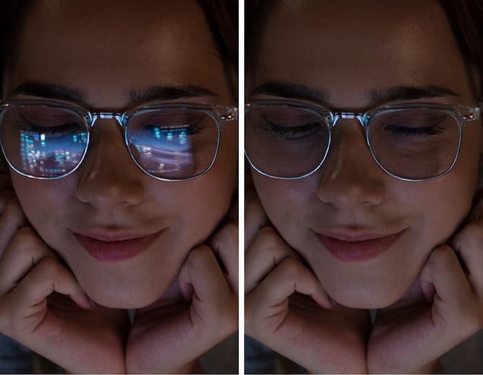 Woman with glasses showing glare removed from the lenses.