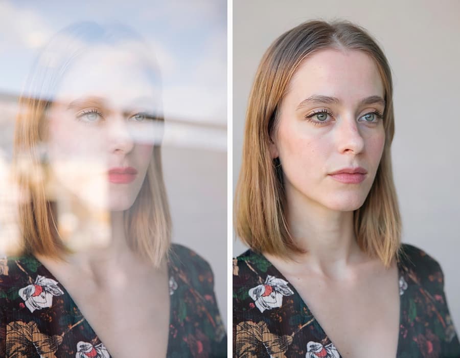 AI-edited portrait of a woman, with distracting reflections on a glass surface in front of her face removed.