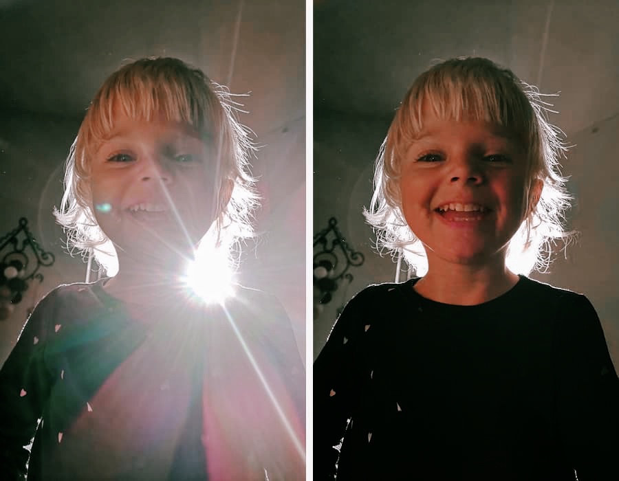 AI-edited photo of a child, with a harsh sun flare removed to reveal their face more clearly.