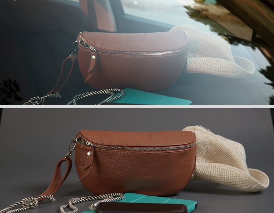 AI-edited product shot of a bag and hat, with bright reflections on the surface beneath them removed.