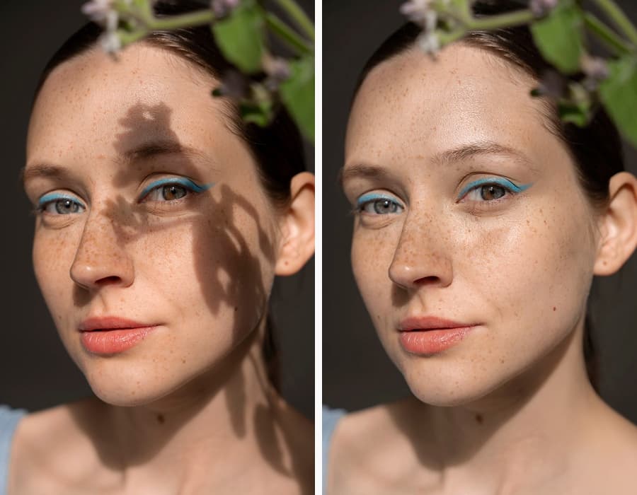 A portrait of a person with an unflattering facial shadow removed by the AI.