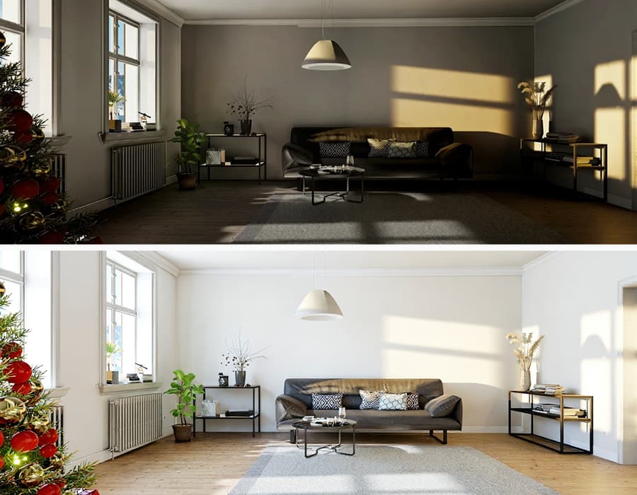 A photo of a room with dark corner shadows removed by the AI, making it look brighter.