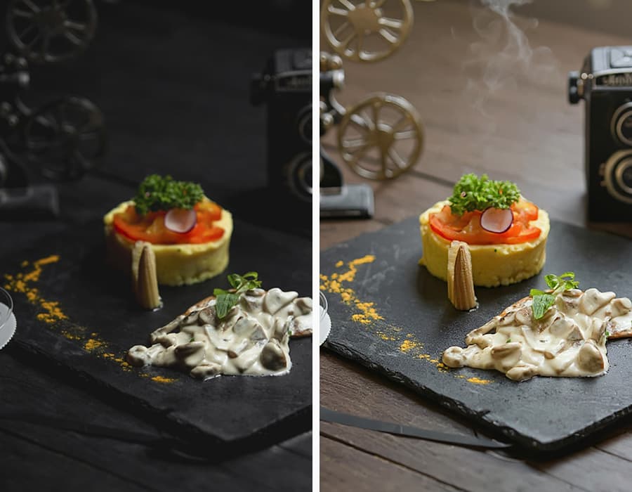 A flat lay photo of a meal with the photographer's shadow removed by the AI.