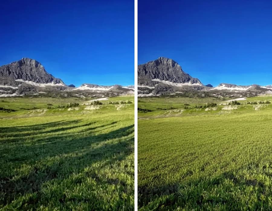 An outdoor scenic shot where a distracting foreground shadow has been removed by the AI.