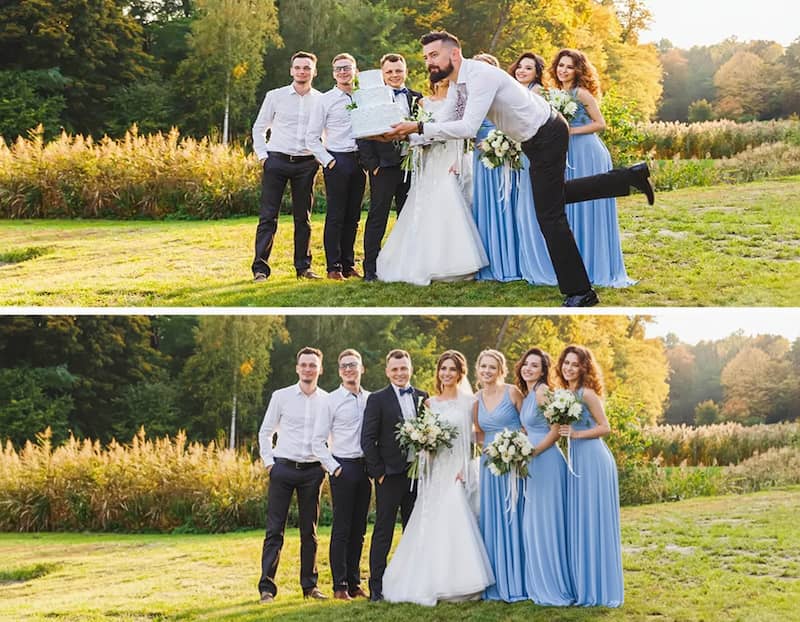 A formal wedding party photo after a playful groomsman was removed by AI.