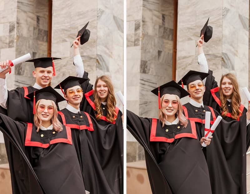 A graduation photo of four students after a fifth student was removed from the group.