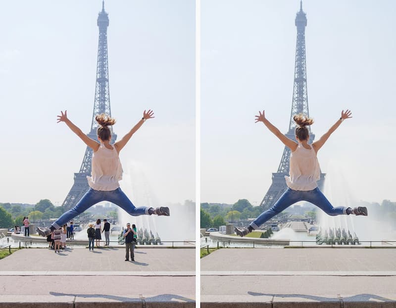 A woman jumps in front of the Eiffel Tower with a clean background after tourists were removed.