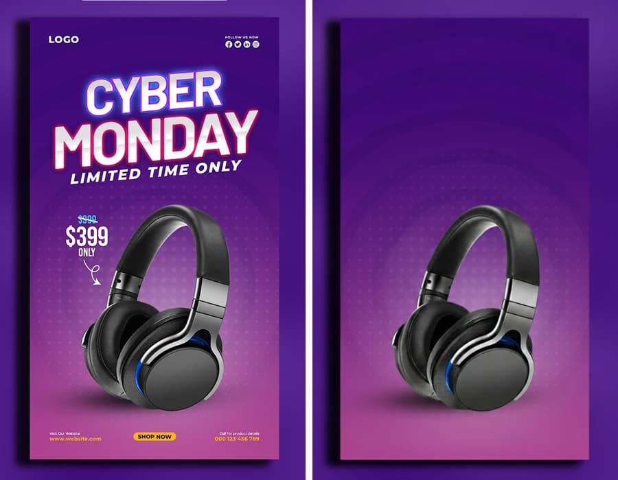 A Cyber Monday advertisement for headphones with all promotional text removed by AI.