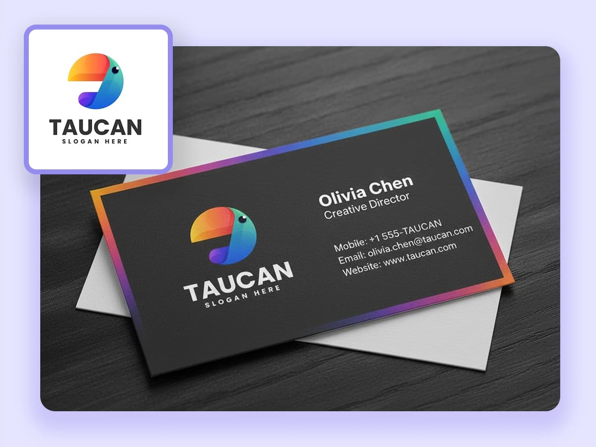 A modern business card for a creative agency named 'Taucan' with a colorful toucan logo, generated by the AI Business Card Generator.