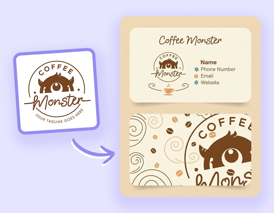 AI generated business card for a coffee shop named Coffee Monster with a playful logo.