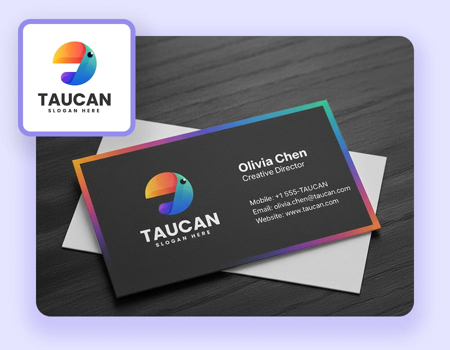 Modern AI business card for a creative agency with a colorful toucan logo.