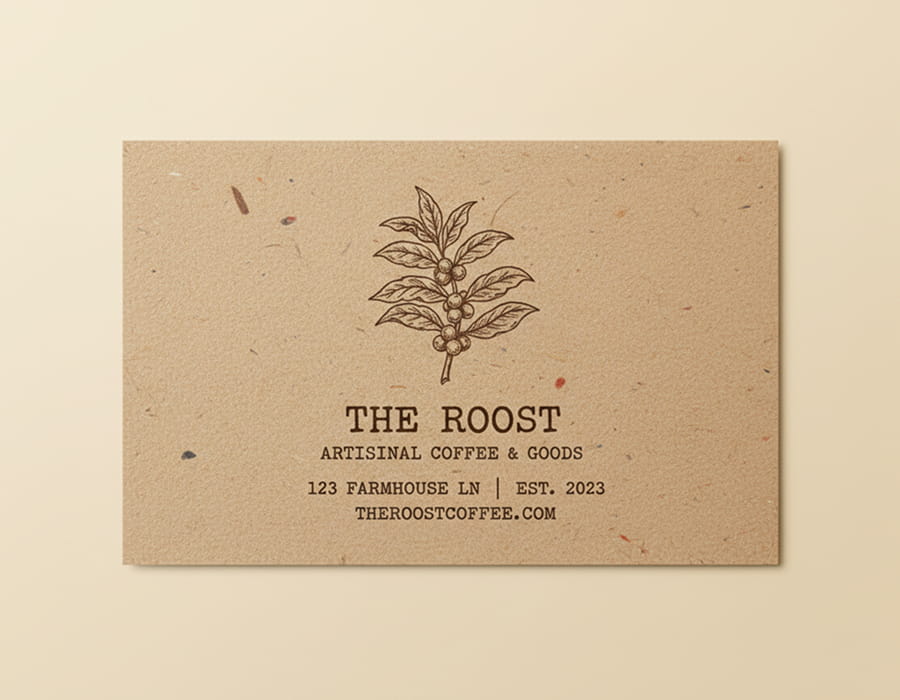 Artisanal AI business card on kraft paper for a coffee company named The Roost.