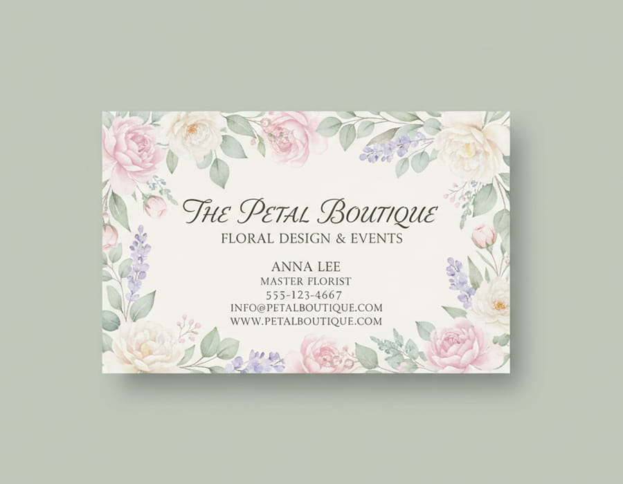 Elegant floral AI business card for a florist with watercolor flowers.