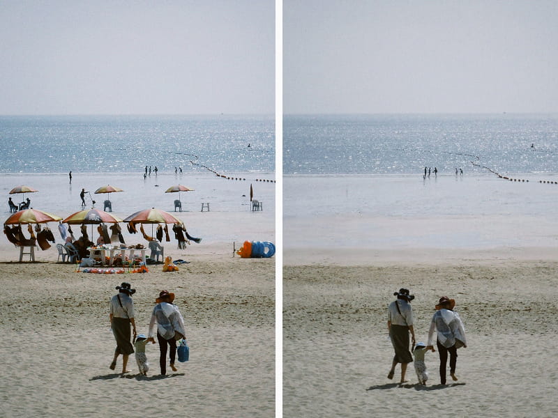 A before-and-after image of a beach scene, where a group of vendors and umbrellas are seamlessly removed by the AI Object Remover.