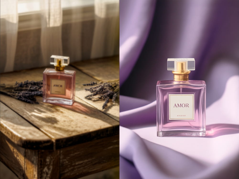 A before-and-after comparison of a perfume bottle, edited from a rustic setting to a professional studio shot using the AI Photo Editor.