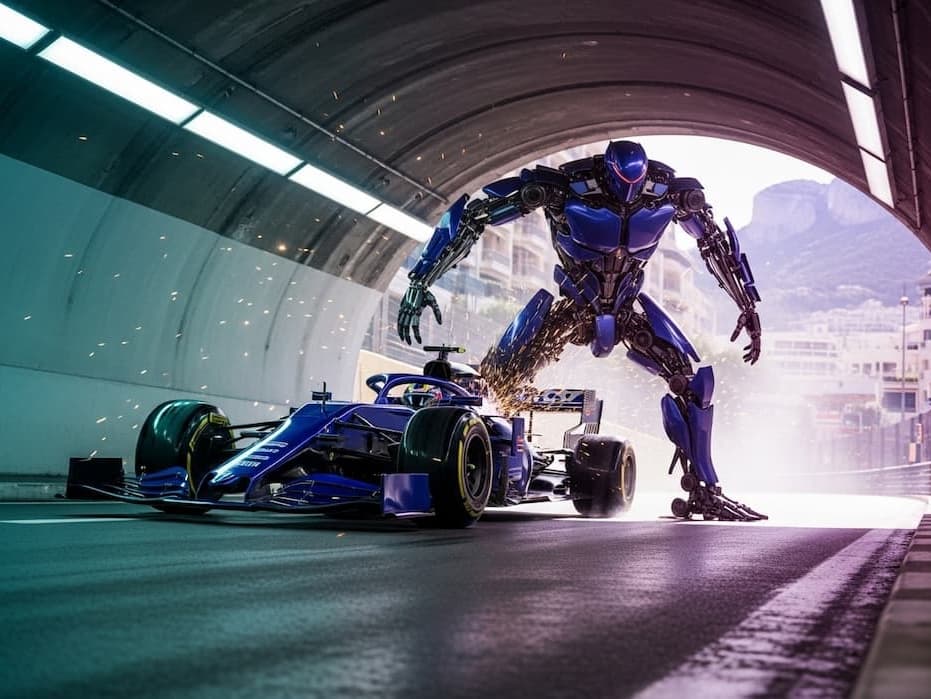 A photorealistic image of a giant blue robot stopping a formula 1 race car in a tunnel, generated by the AI Photo Generator.