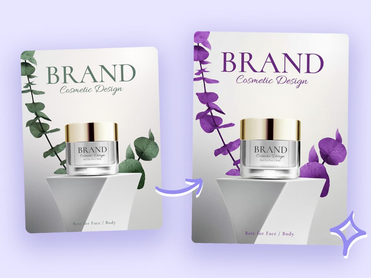 A split-screen comparison where a modern beige armchair is seamlessly recolored to a deep emerald green velvet using the AI Change Image Color tool.