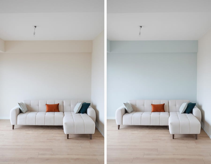 Living room wall painted blue via AI