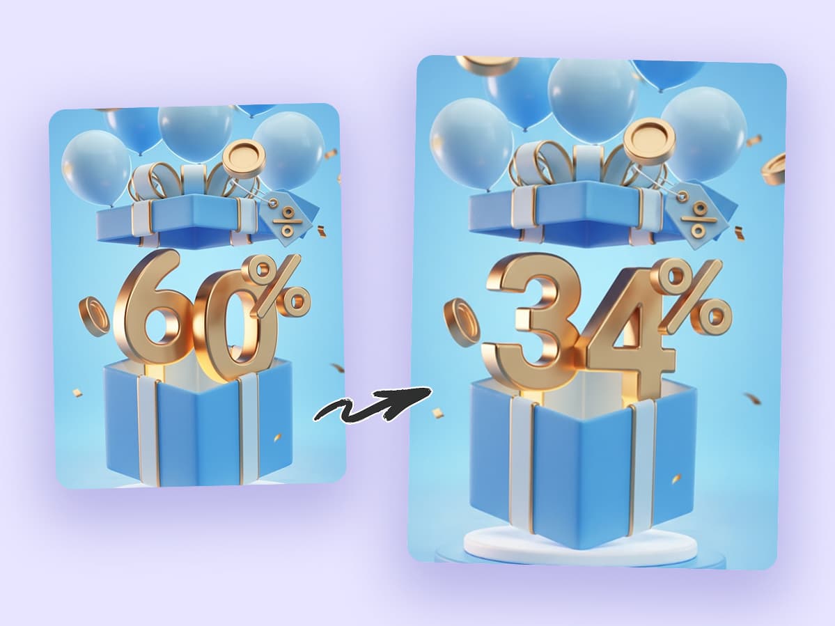 A before-and-after split image. The 'before' side on the left shows a blue gift box with gold balloons and coins, featuring a large '60%' in gold numbers. The 'after' side on the right shows the same scene, but the gold numbers have been changed to '34%'.