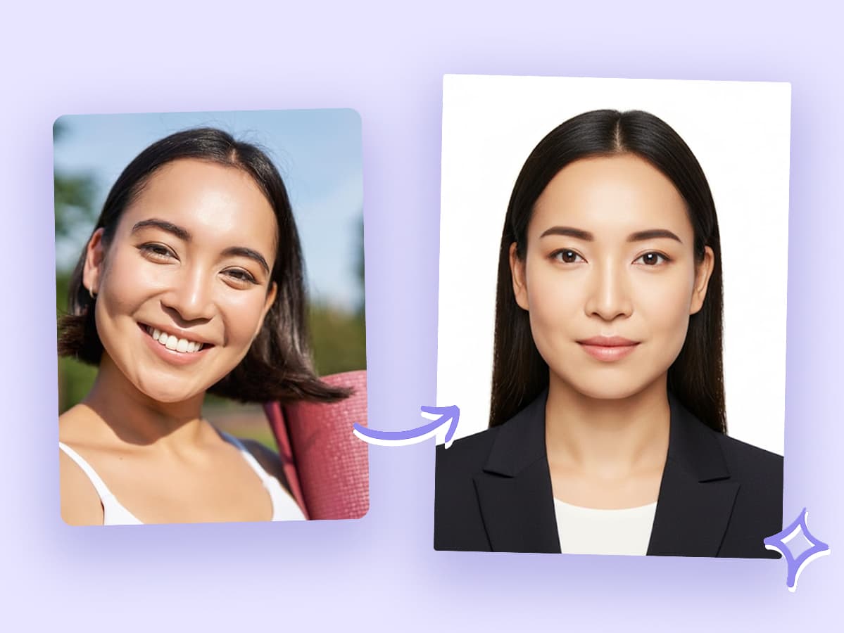 A before-and-after comparison showing a woman's casual outdoor selfie transformed into a professional studio headshot with an office background using the Free AI Headshot Generator.