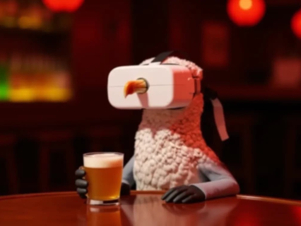 A claymation-style sheep wearing a VR headset and holding a glass of beer, an example of a creative edit with the Free AI Image Editor.