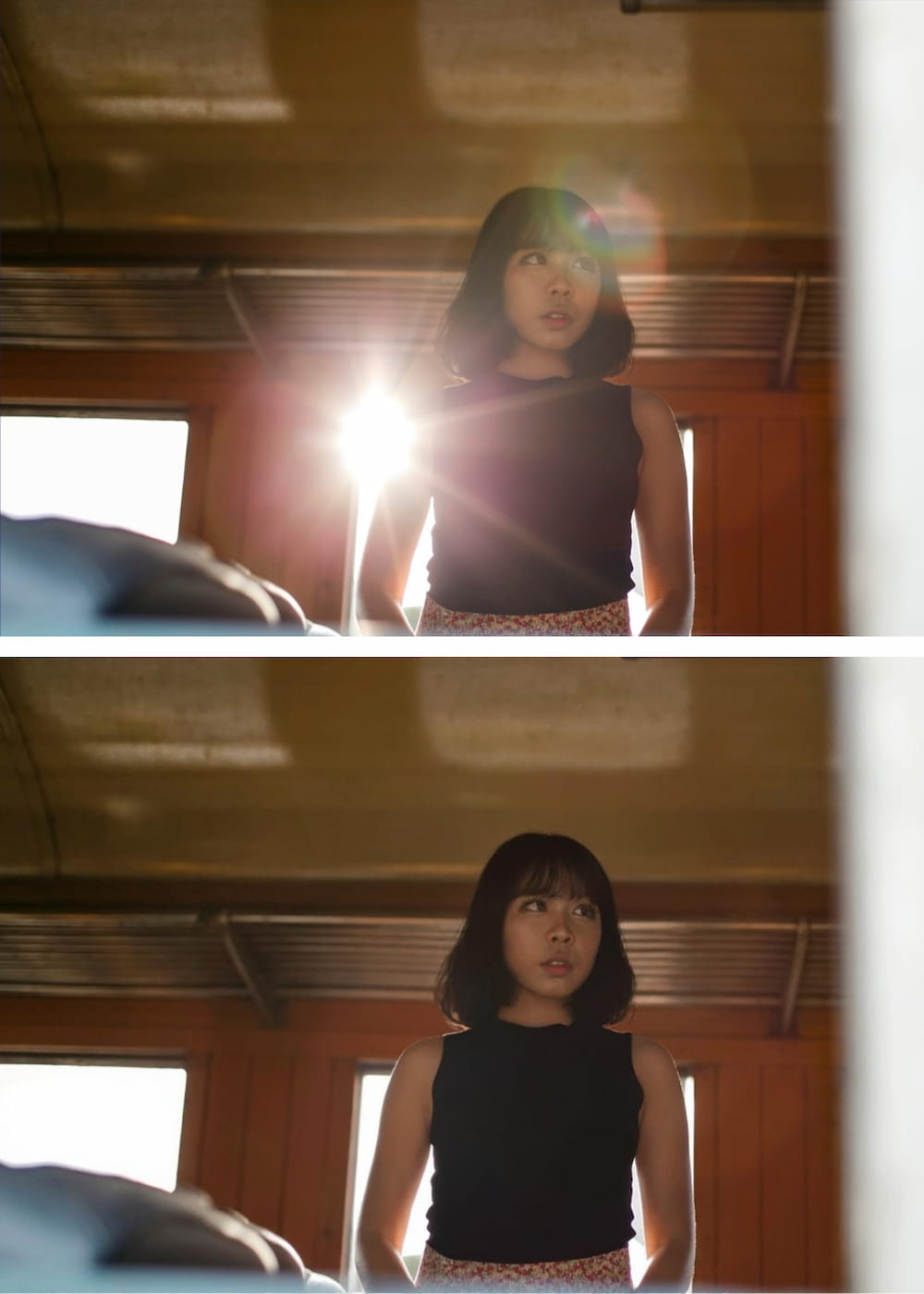 A picture of a women where a bright camera flash glare is removed by AI for free.