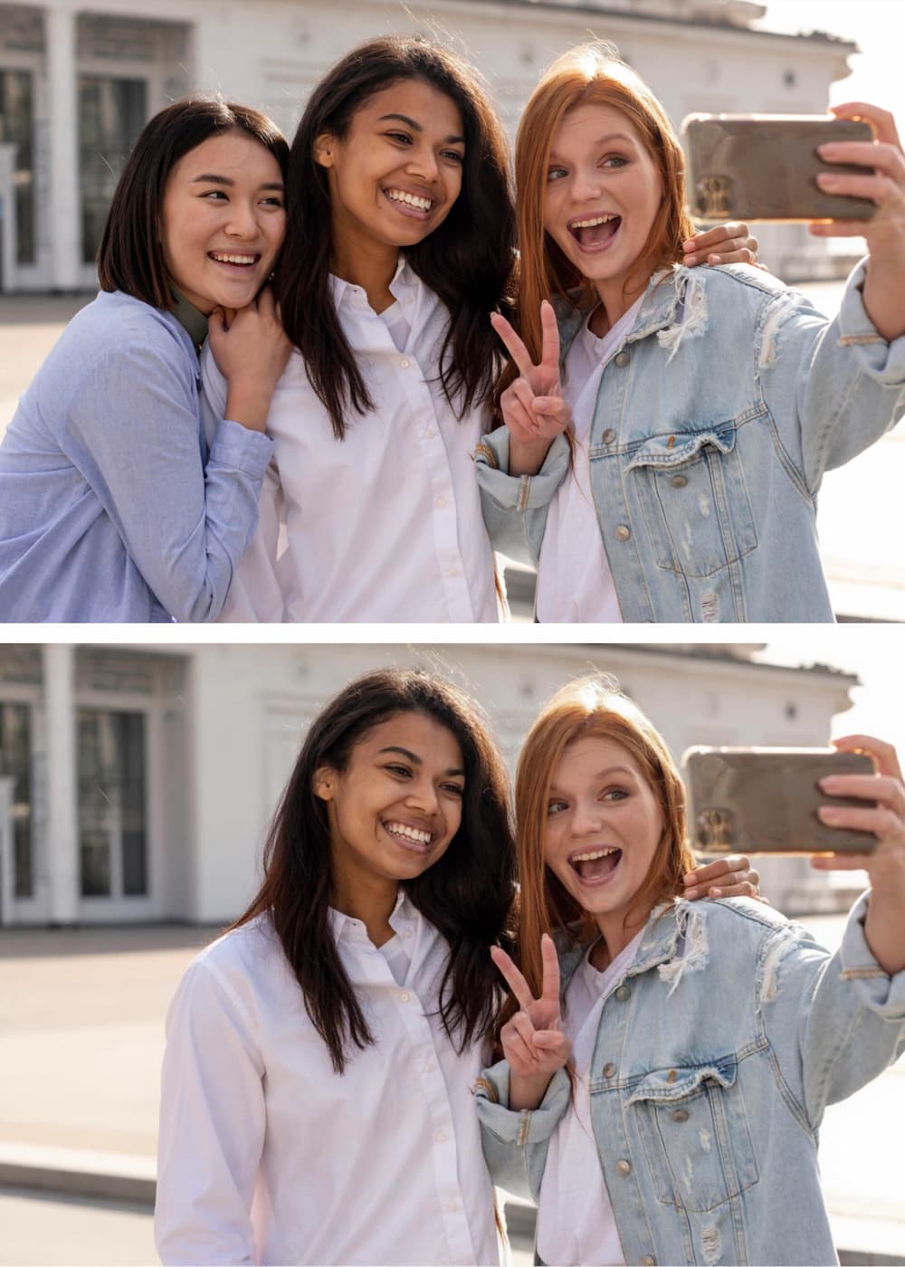 A group photo where one person is seamlessly erased by AI for free, with the background perfectly restored.