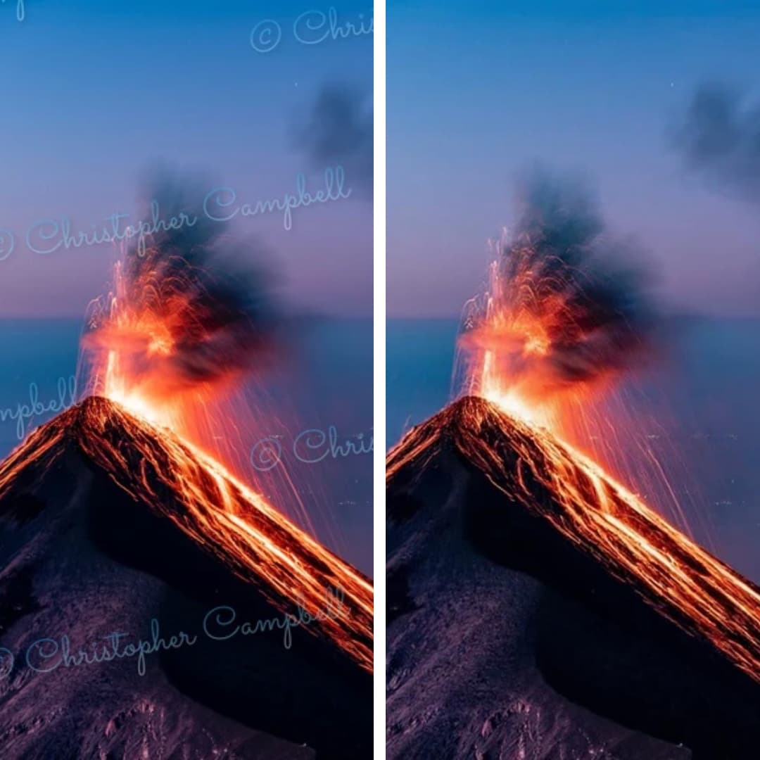 A photo with a prominent watermark being removed by AI for free to show a clean version.