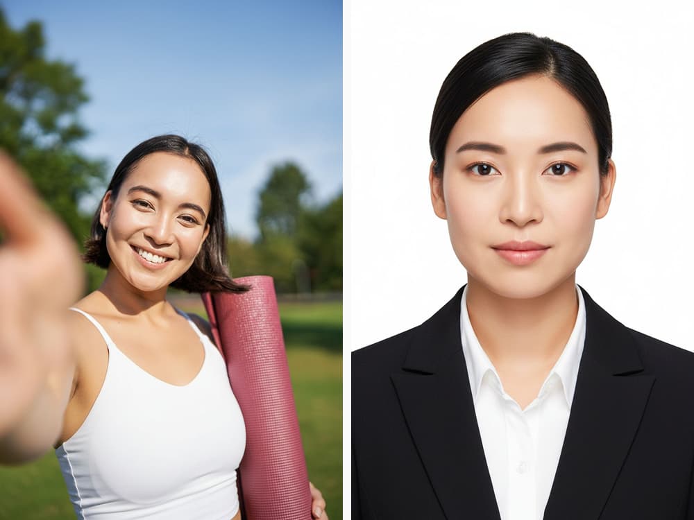 A woman in workout clothes transformed into a formal headshot for a resume or ID photo.