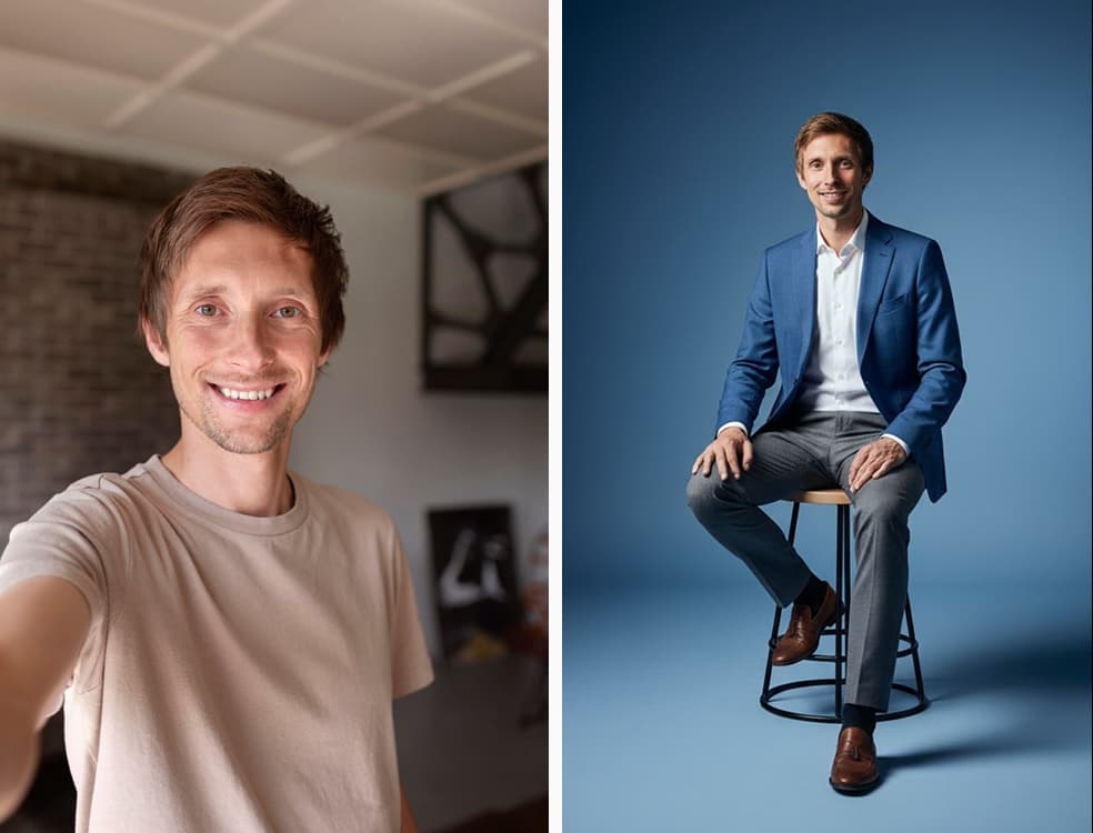 A man's indoor selfie turned into a full-body professional business portrait.