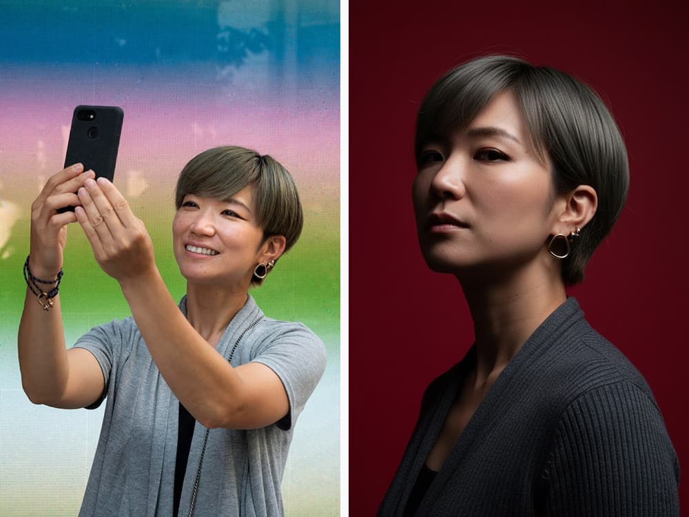 A woman's outdoor selfie transformed into an edgy studio portrait with a red background.
