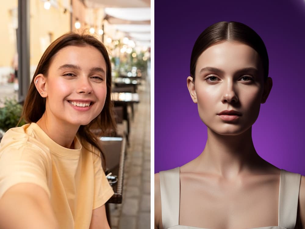 A smiling woman's selfie transformed into a high-fashion, editorial-style photo.