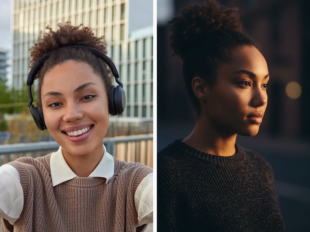 A woman's selfie with headphones turned into a cinematic portrait with warm lighting.