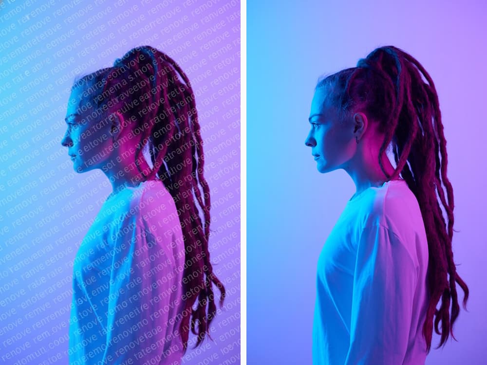 A portrait of a woman with text watermark removed