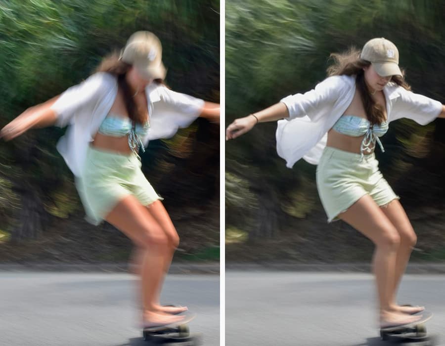 Before and after unblur image example of a woman skateboarding, correcting motion blur.