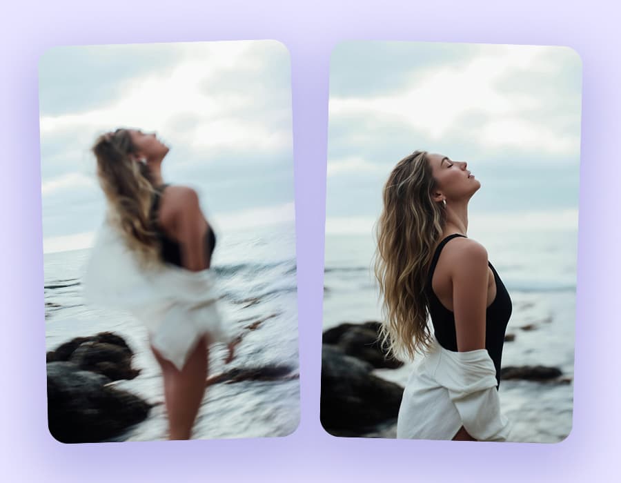 Before and after unblur picture of a woman on a beach, correcting soft focus.